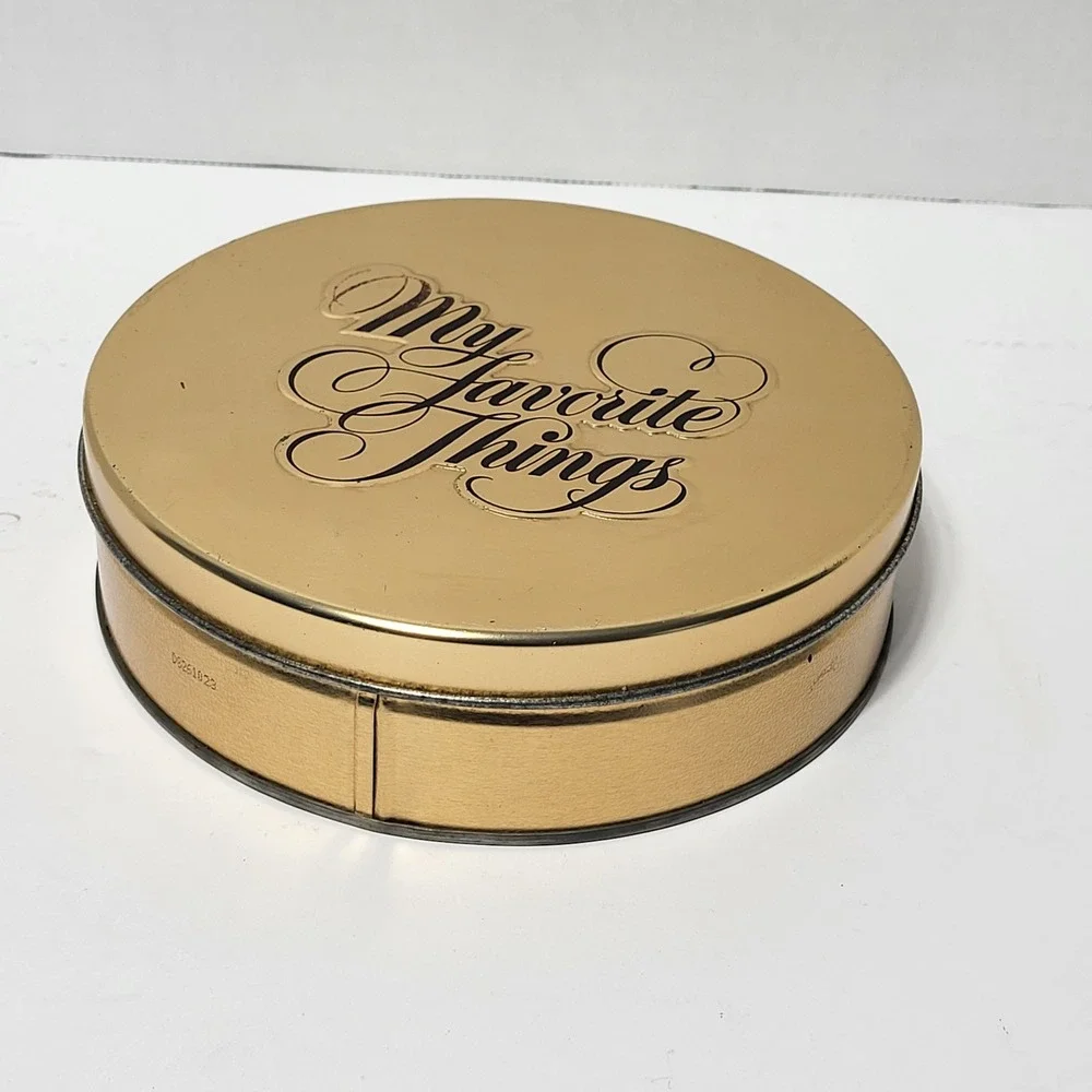 Gold Metal My Favorite Things Round Storage Tin Embossed Keepsake Box 7.25 Inch*